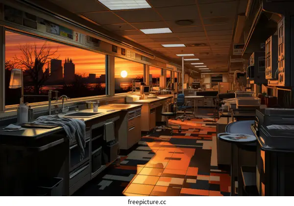 An empty hospital room with a view of the city at sunset