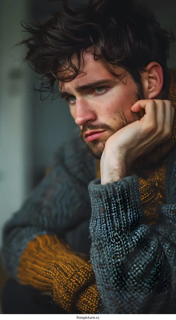 Portrait of a handsome young man with brown hair and green eyes wearing a gray sweater with his hand on his chin
