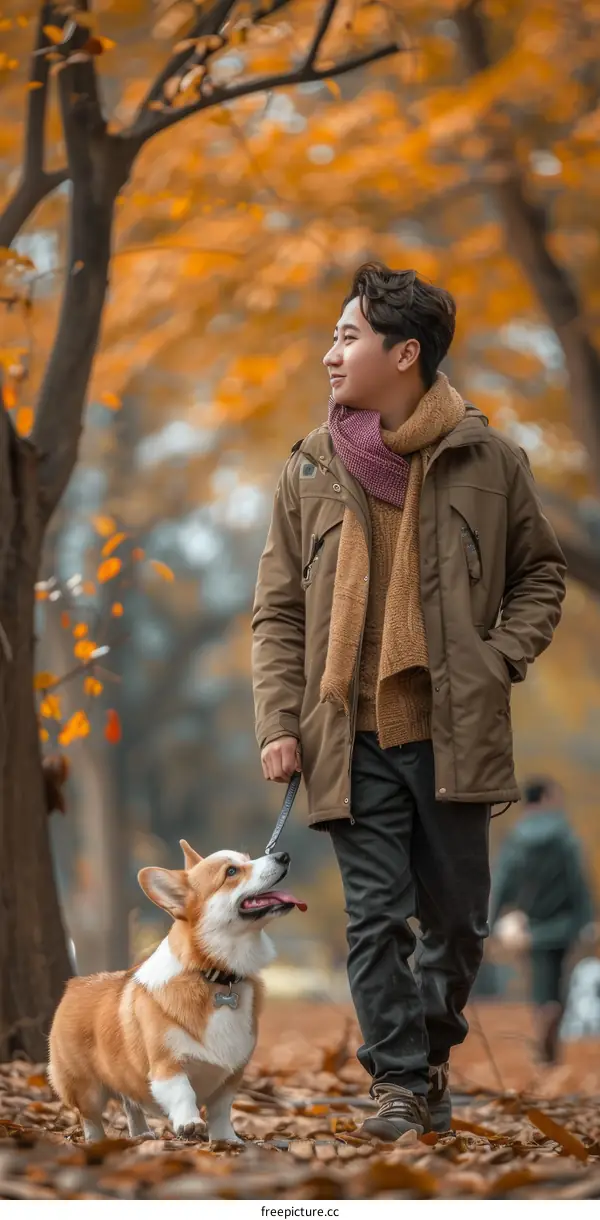 A man walking his dog in the park