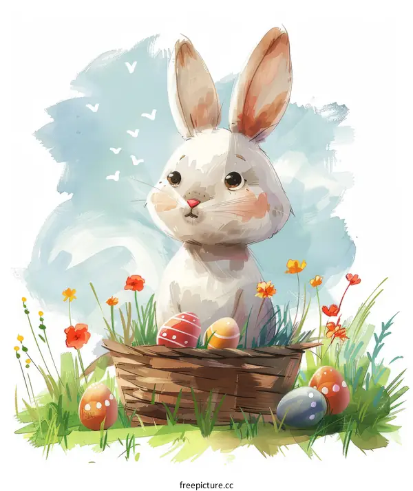 Easter bunny in a basket with colorful Easter eggs