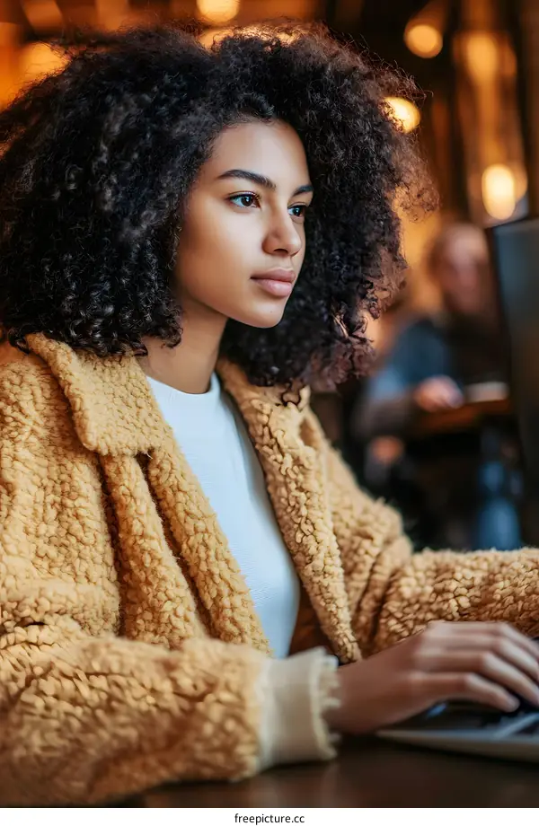 Young Black Woman Working on Laptop in a Cafe