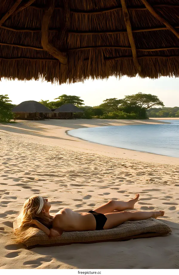 Woman Relaxing on a Tropical Beach Under a Palm Leaf Umbrella