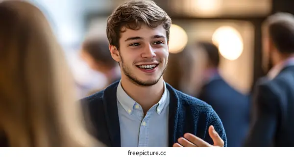 Smiling Caucasian Man Talking to Another Person at a Social Gathering