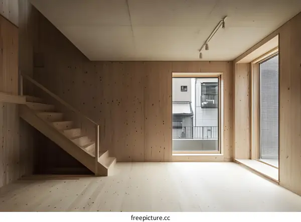 Modern Wooden Interior Room with Staircase and Windows