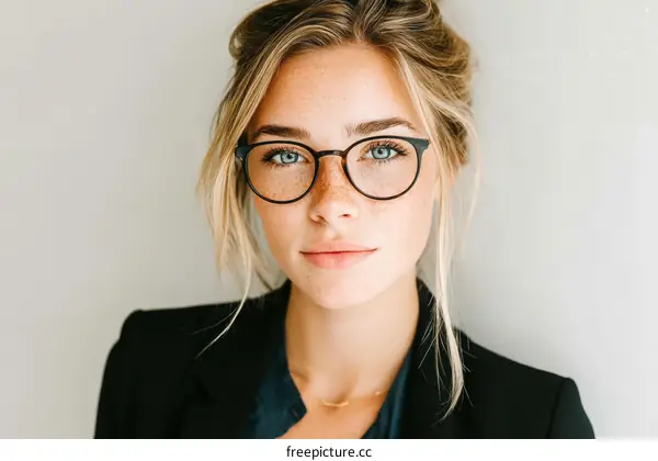 Close-up Portrait of a Blonde Woman Wearing Glasses