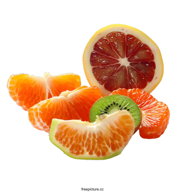 [Transparent Background PNG]Fresh Sliced Citrus Fruits and Kiwi on White Background