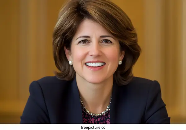Smiling Woman with Brown Hair Wearing a Blue Blazer
