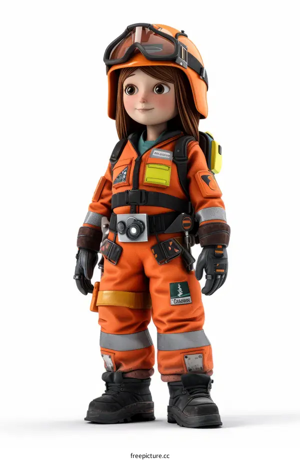 3D illustration of a female firefighter wearing an orange jumpsuit and a helmet