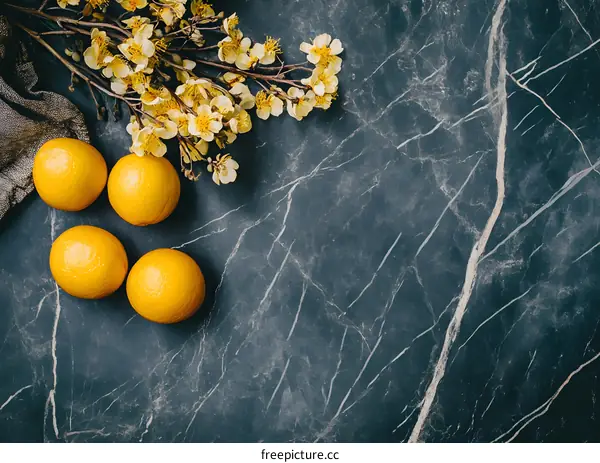 Fresh Yellow Lemons and White Flowers on a Grey Marble Background