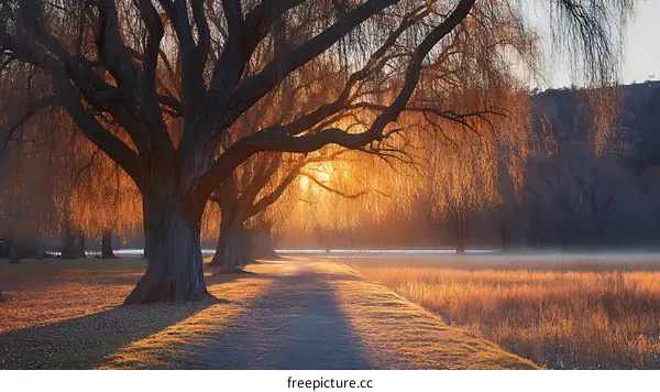 Golden Sunlight through Willow Trees at Sunrise