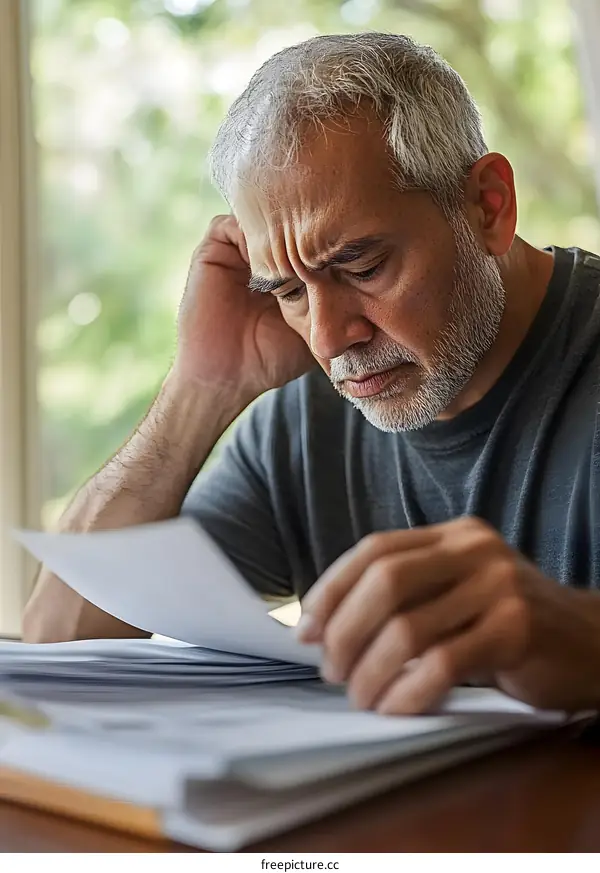Stressed Senior Man Reading Documents While Sitting at a Table