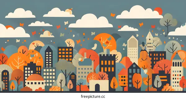 Autumn Cityscape With People And Birds