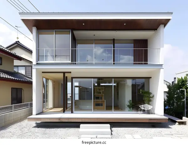 Modern White House with Balcony and Large Windows