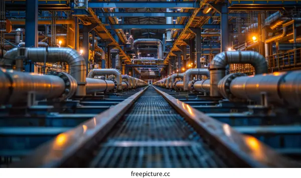 An industrial interior with a long walkway and pipes