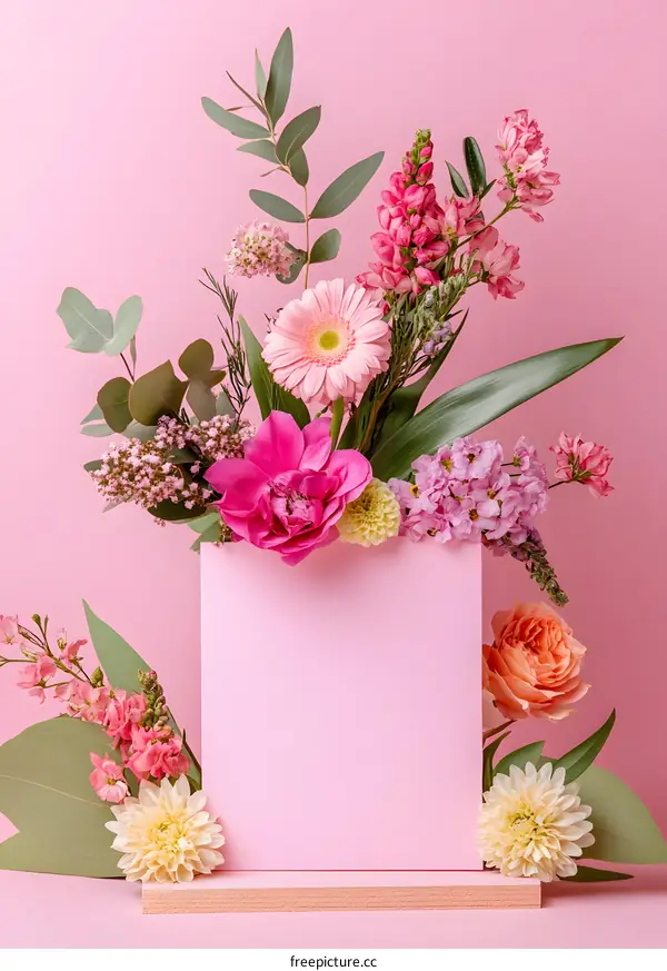 Pink Floral Arrangement with Blank Card on Pink Background