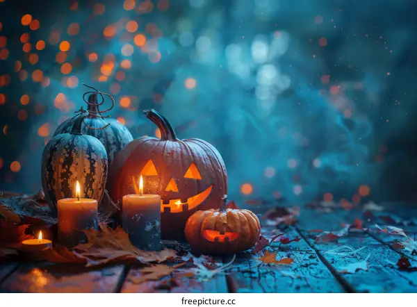 Halloween Pumpkins with Candles Glowing in Darkness