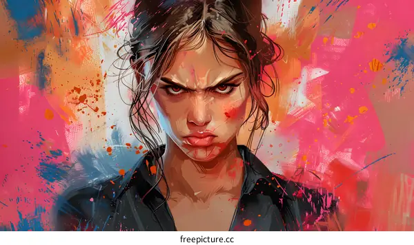 Portrait of a woman with a stern expression on her face. She has brown hair and red eyes. There are paint splatters in the background.