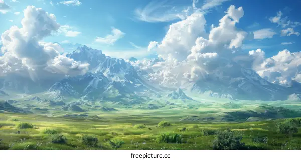 Epic Fantasy Landscape with Majestic Mountains and Grassy Fields