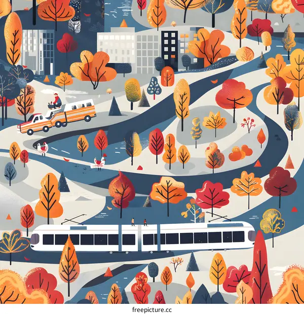 Autumn City Park with Tram and People