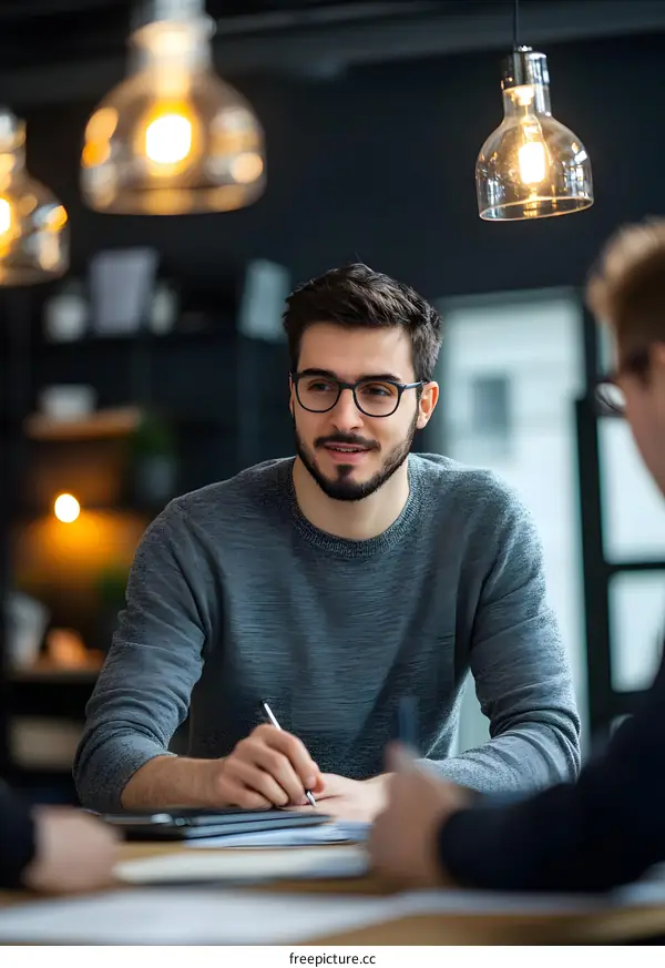 Businessman Wearing Glasses Takes Notes During Meeting in Office