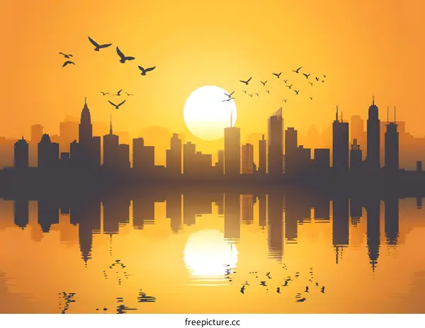 Sunset Silhouette of Cityscape With Reflection