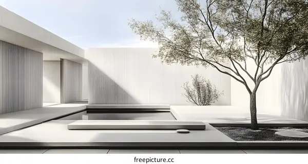 Minimalist Modern Architecture with Pond and Tree