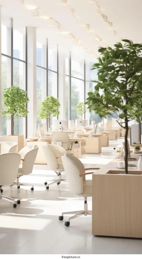 Modern office interior with large windows and green plants