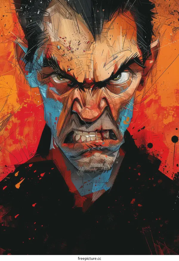 A close-up of a mans face with a red background