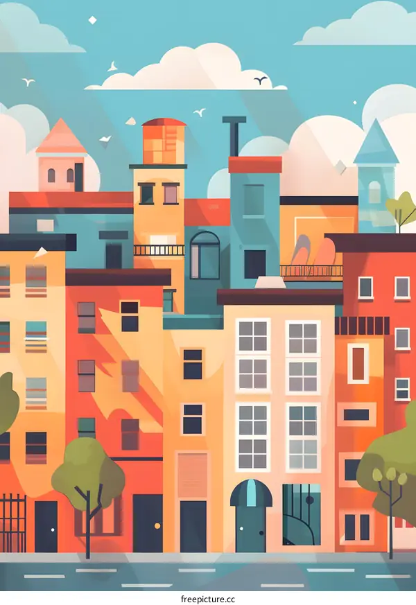 Colorful Cityscape Illustration with Buildings, Sky and Trees