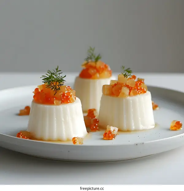 Three White Pudding Desserts Garnished With Fruit and Herbs