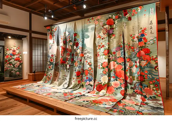 Traditional Japanese Kimono with Floral Pattern on Display