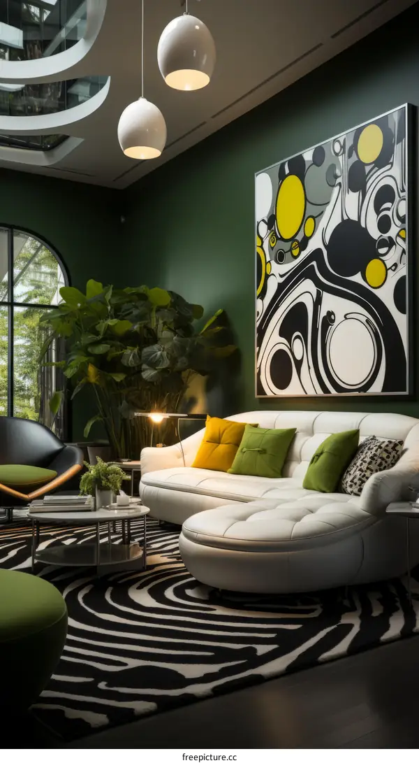 Stunning Green and White Living Room with Zebra Print Rug