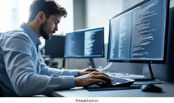 Focused Programmer at Work in Modern Office