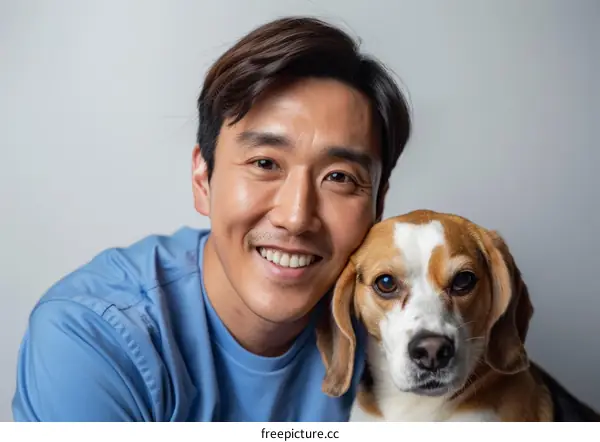A smiling Asian man and his beagle dog