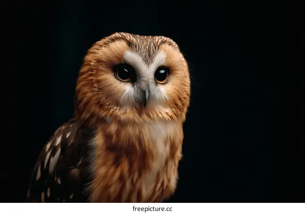 Close-up Portrait of a Tawny Owl in the Dark