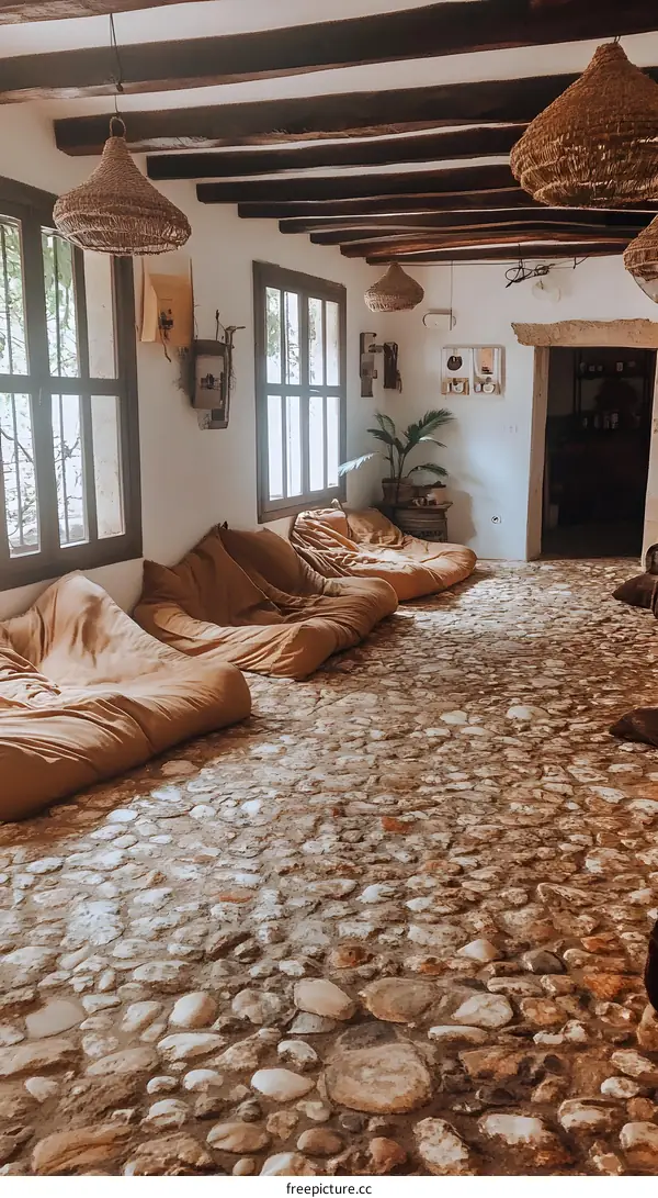 Stone Floor and Bean Bags in a Rustic Room
