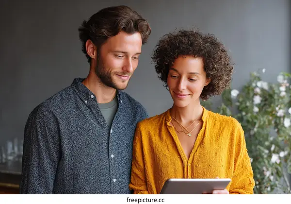 Couple using digital tablet indoors