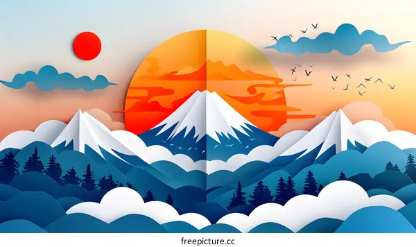 Paper Art Mountain Landscape With Sun and Birds