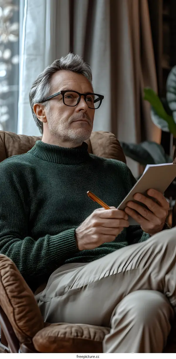 Man in Green Sweater Sitting in Armchair, Writing in Notebook