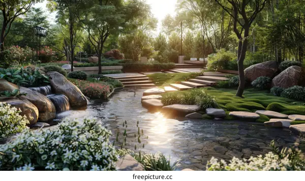 Landscaping in a Tranquil Courtyard with Pond and Rockery