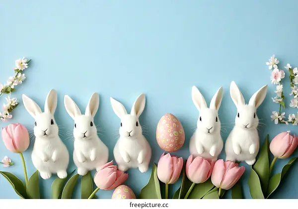 Easter bunnies with tulips and eggs