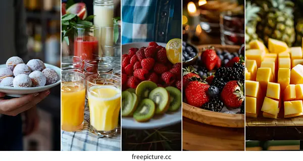Breakfast Table with Variety of Fruits and Drinks