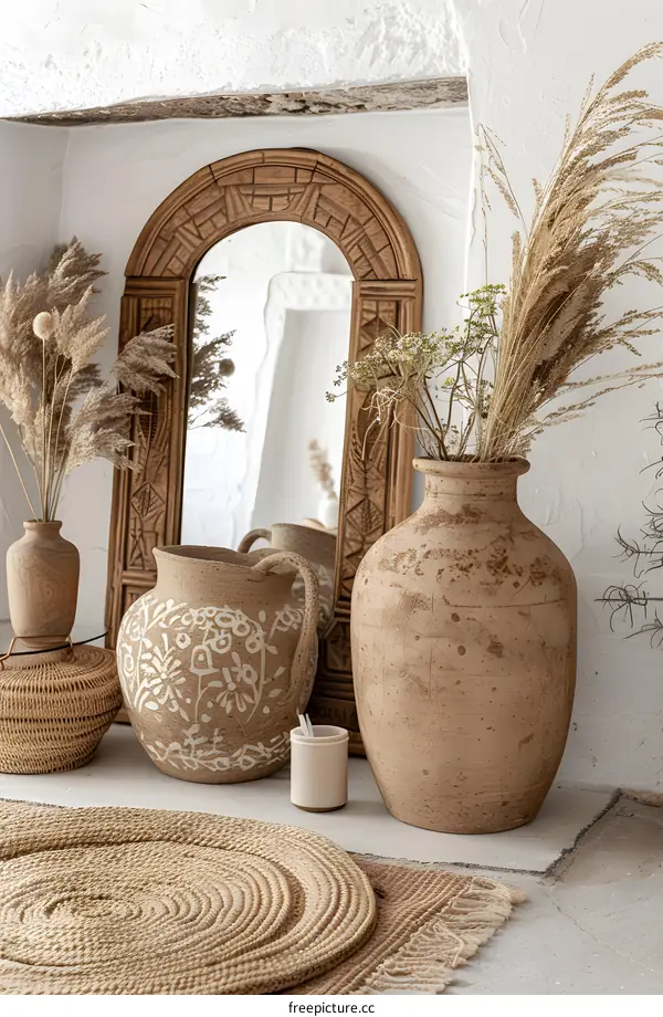 Bohemian Decor with Wooden Mirror and Clay Vases