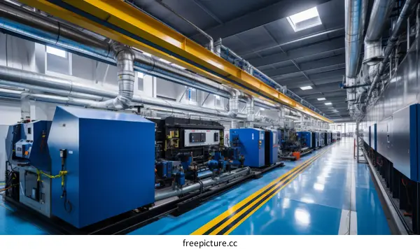 Blue and yellow factory interior with large machines