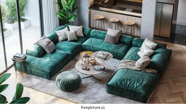 Modern Green Velvet Sectional Sofa in a Stylish Living Room