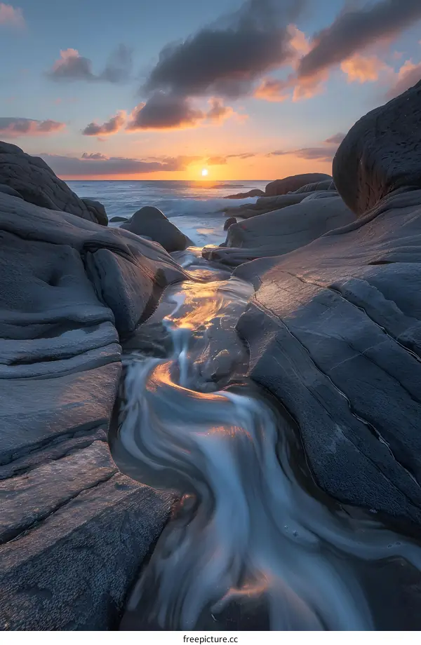 Sunset over the Sea with Stream Flowing Through Rocks