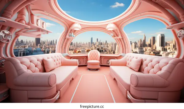 Pink futuristic city pod with a view of the city