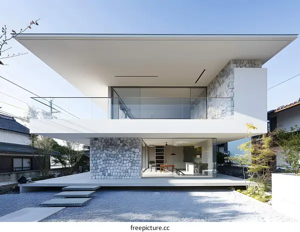 Modern Japanese House with Stone Wall and Large Windows