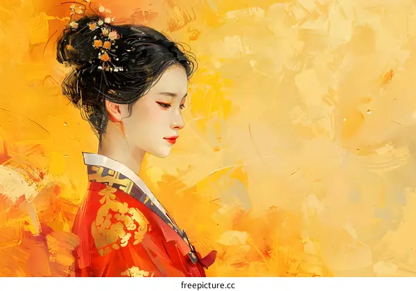 An illustration of a beautiful woman in a red dress with a yellow background.