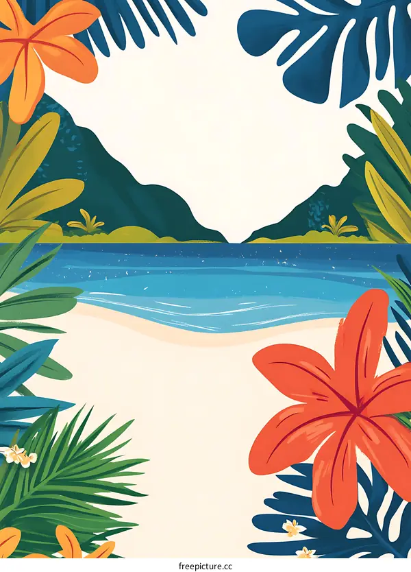 Tropical Beach Illustration With Flowers And Mountains